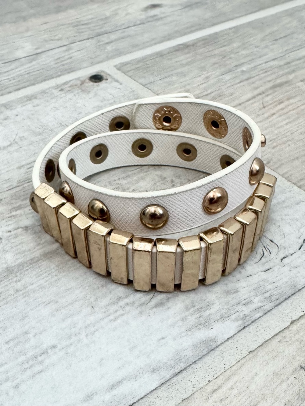 White Leather Gold Accents Wrap Bracelet